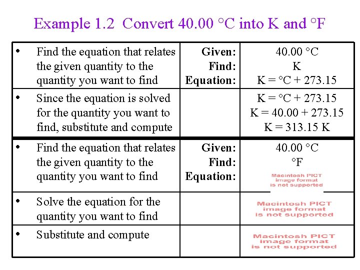 Example 1. 2 Convert 40. 00 °C into K and °F • Find the