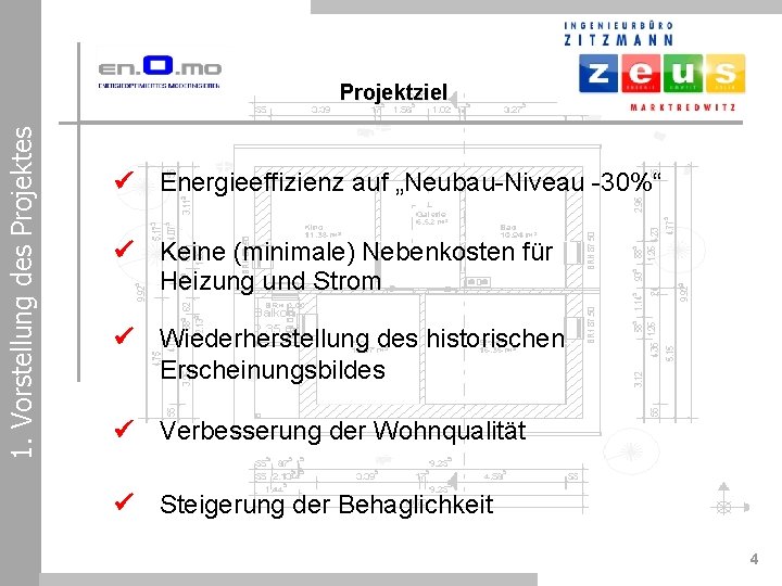 1. Vorstellung des Projektziel Energieeffizienz auf „Neubau-Niveau -30%“ Keine (minimale) Nebenkosten für Heizung und