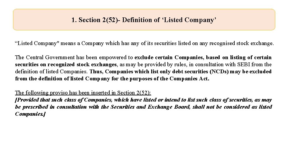 1. Section 2(52)- Definition of ‘Listed Company’ “Listed Company" means a Company which has