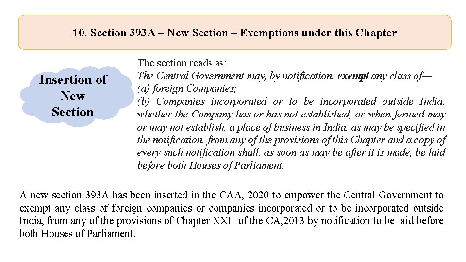 10. Section 393 A – New Section – Exemptions under this Chapter Insertion of