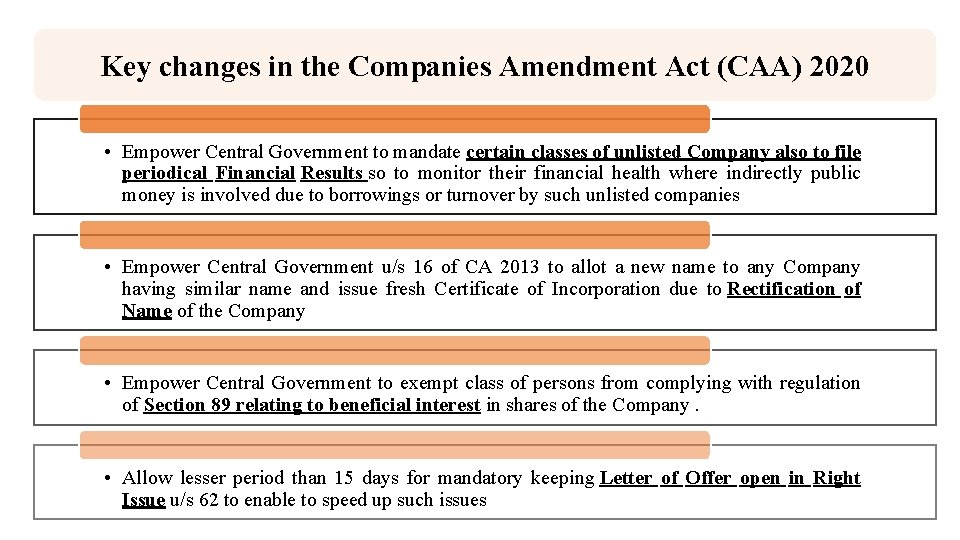 Key changes in the Companies Amendment Act (CAA) 2020 • Empower Central Government to