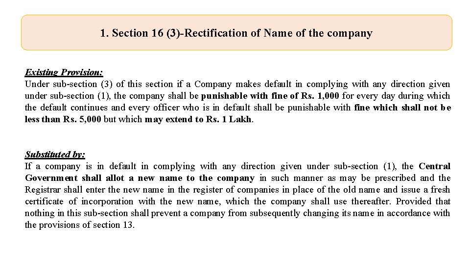 1. Section 16 (3)-Rectification of Name of the company Existing Provision: Under sub-section (3)