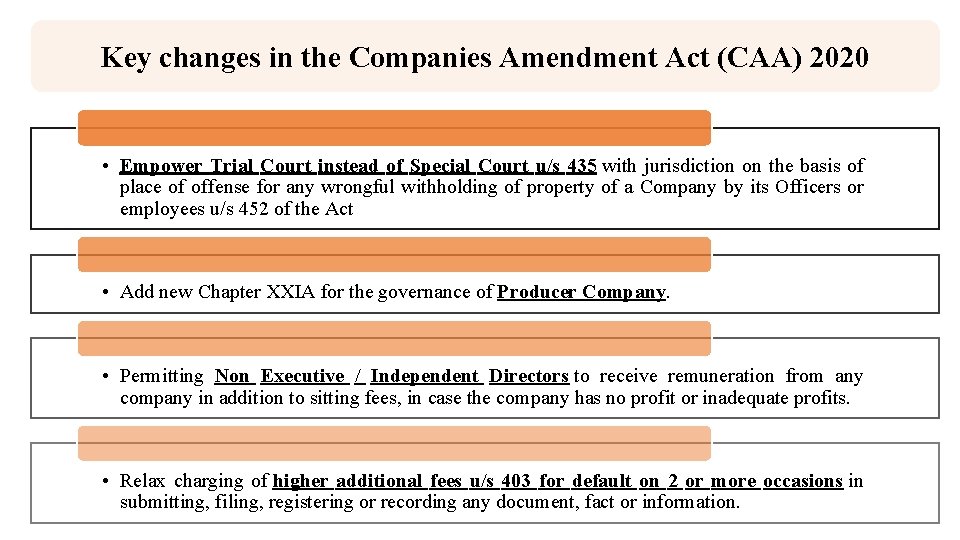 Key changes in the Companies Amendment Act (CAA) 2020 • Empower Trial Court instead