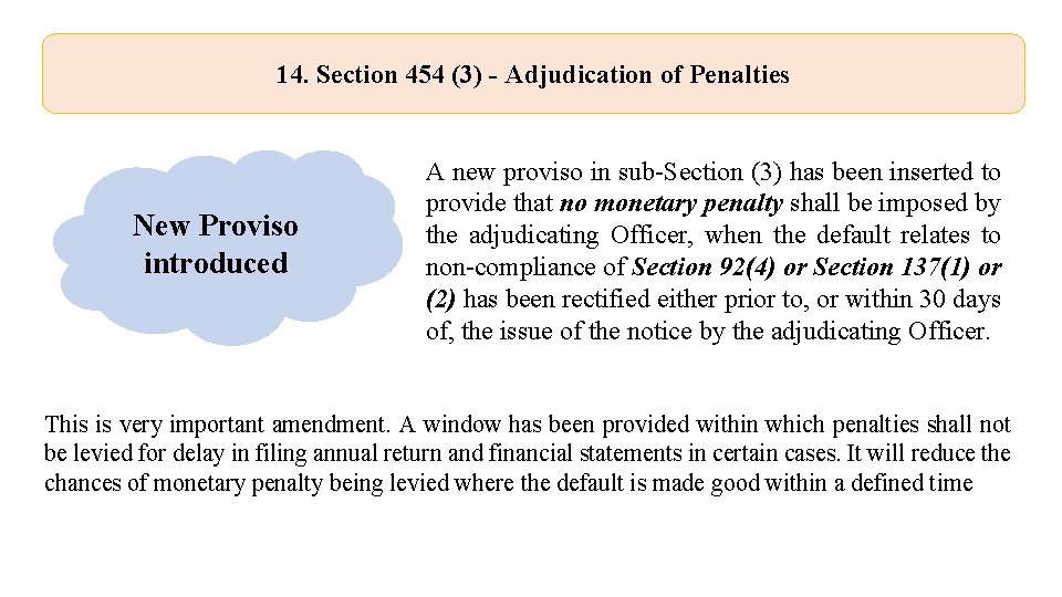 14. Section 454 (3) - Adjudication of Penalties New Proviso introduced A new proviso