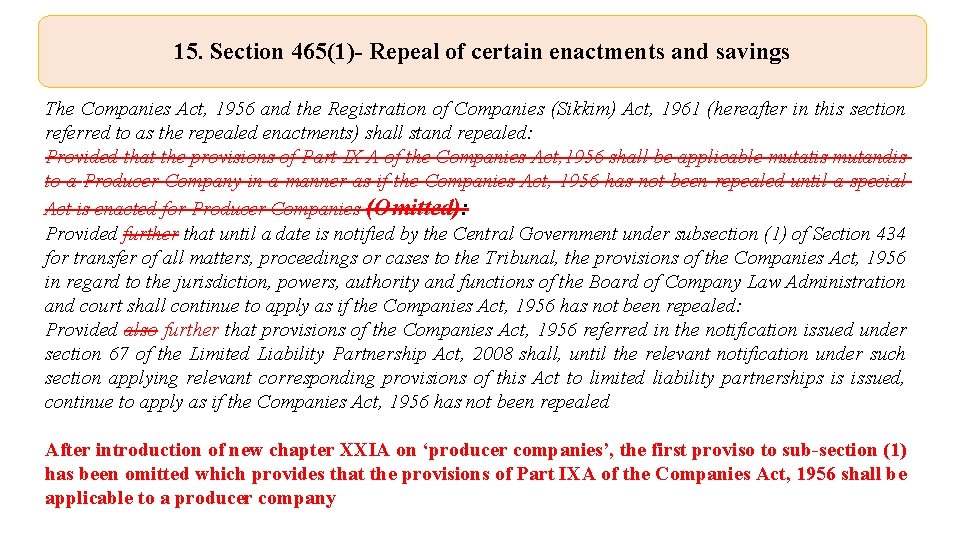 15. Section 465(1)- Repeal of certain enactments and savings The Companies Act, 1956 and