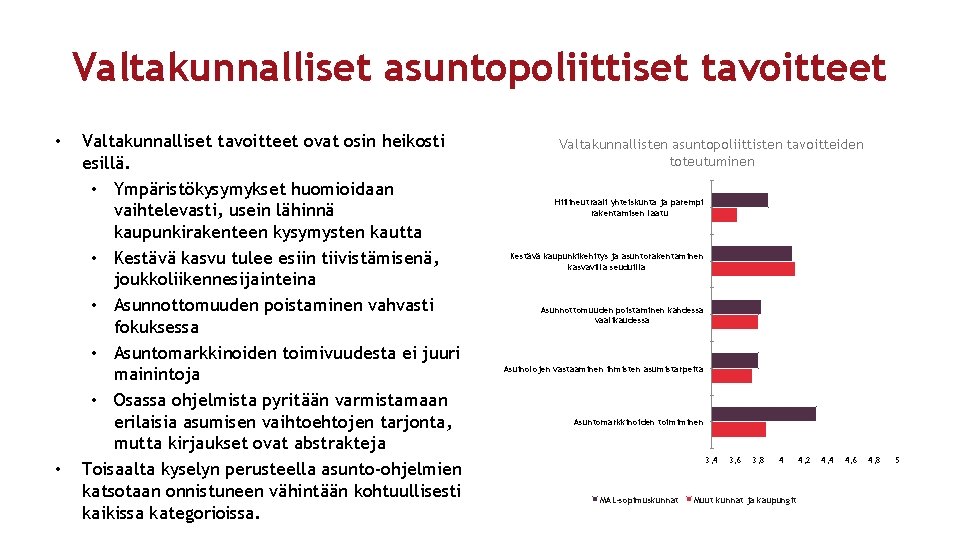 Valtakunnalliset asuntopoliittiset tavoitteet • • Valtakunnalliset tavoitteet ovat osin heikosti esillä. • Ympäristökysymykset huomioidaan