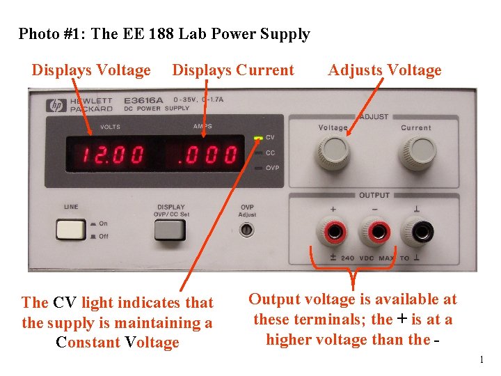 Photo #1: The EE 188 Lab Power Supply Displays Voltage Displays Current The CV