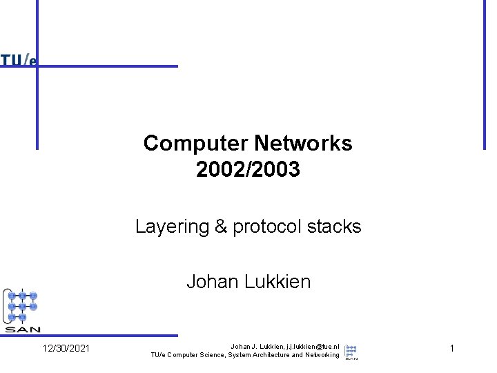 Computer Networks 2002/2003 Layering & protocol stacks Johan Lukkien 12/30/2021 Johan J. Lukkien, j.