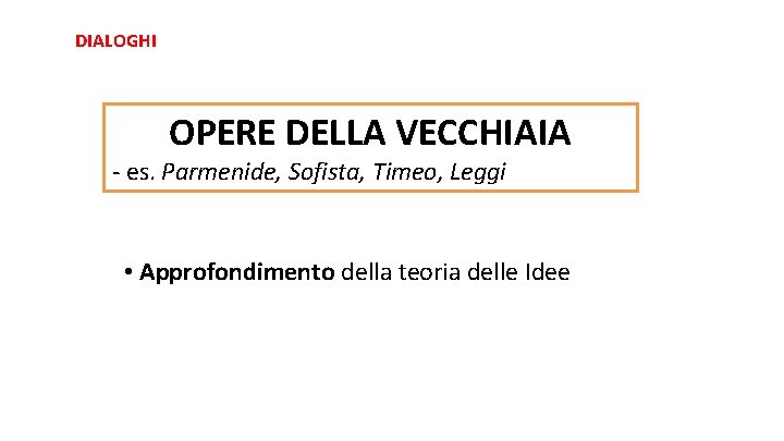 DIALOGHI OPERE DELLA VECCHIAIA - es. Parmenide, Sofista, Timeo, Leggi • Approfondimento della teoria