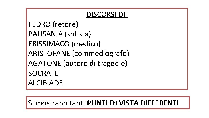 DISCORSI DI: FEDRO (retore) PAUSANIA (sofista) ERISSIMACO (medico) ARISTOFANE (commediografo) AGATONE (autore di tragedie)
