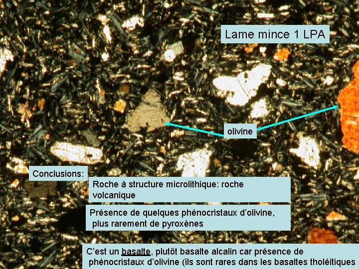 Lame mince 1 LPA olivine Conclusions: Roche à structure microlithique: roche volcanique Présence de