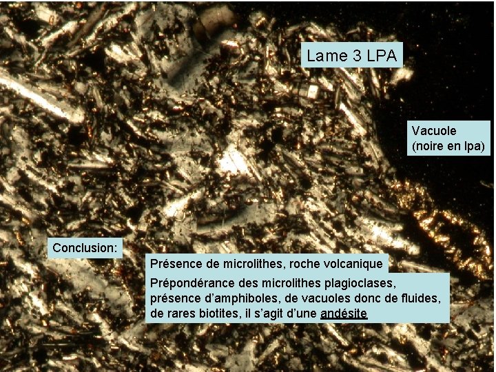 Lame 3 LPA Vacuole (noire en lpa) Conclusion: Présence de microlithes, roche volcanique Prépondérance