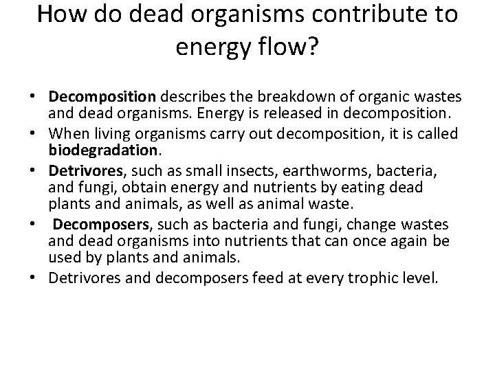 How do dead organisms contribute to energy flow? • Decomposition describes the breakdown of