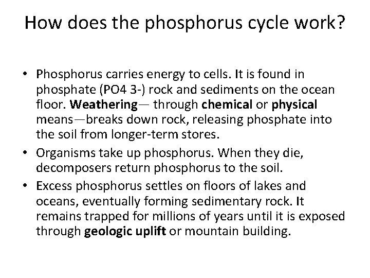 How does the phosphorus cycle work? • Phosphorus carries energy to cells. It is