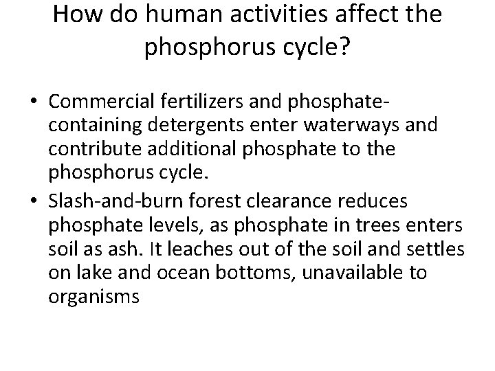 How do human activities affect the phosphorus cycle? • Commercial fertilizers and phosphatecontaining detergents