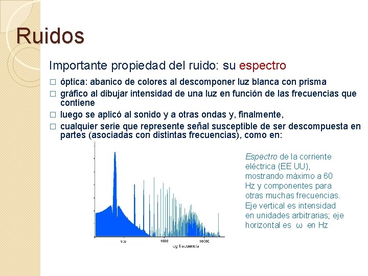 Ruidos Importante propiedad del ruido: su espectro óptica: abanico de colores al descomponer luz