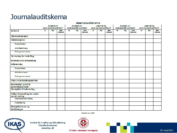 Journalauditskema Institut for Kvalitet og Akkreditering i Sundhedsvæsenet www. ikas. dk 20. maj 2021