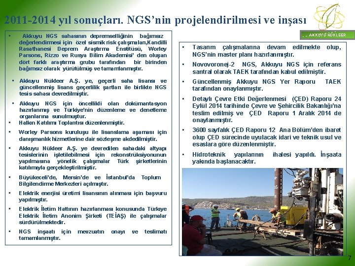 2011 -2014 yıl sonuçları. NGS’nin projelendirilmesi ve inşası • Akkuyu NGS sahasının depremselliğinin bağımsız