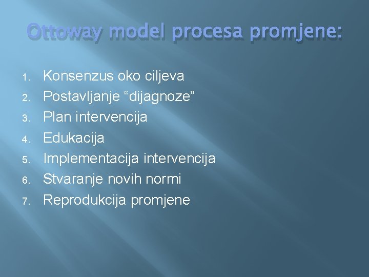 Ottoway model procesa promjene: 1. 2. 3. 4. 5. 6. 7. Konsenzus oko ciljeva