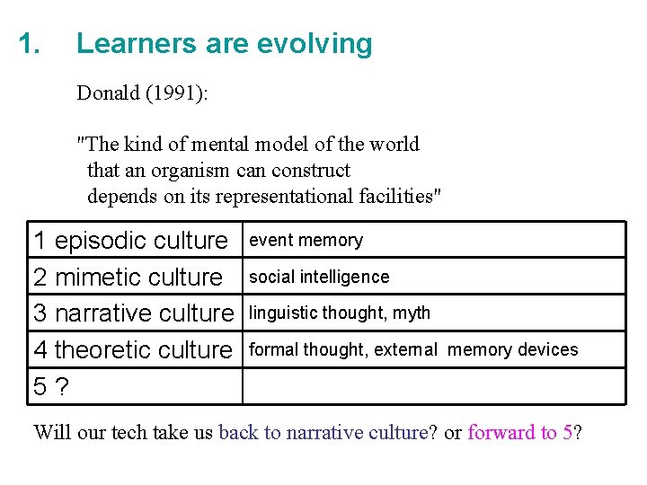 1. Learners are evolving Donald (1991): "The kind of mental model of the world