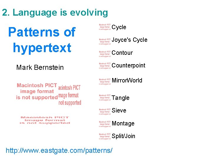 2. Language is evolving Patterns of hypertext Mark Bernstein Cycle Joyce's Cycle Contour Counterpoint