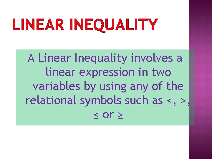 LINEAR INEQUALITY A Linear Inequality involves a linear expression in two variables by using