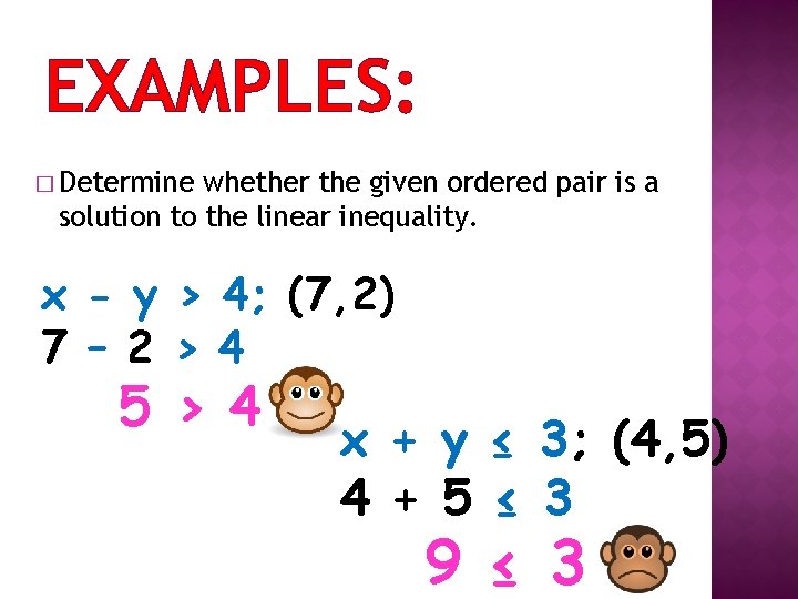 EXAMPLES: � Determine whether the given ordered pair is a solution to the linear