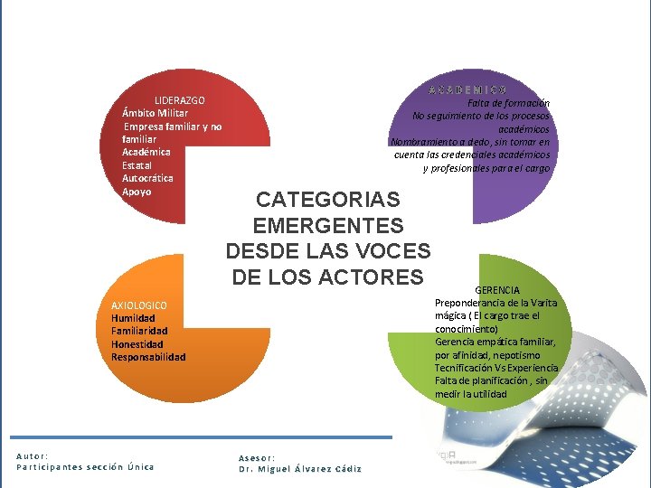 LIDERAZGO Ámbito Militar Empresa familiar y no familiar Académica Estatal Autocrática Apoyo ACADEMICO Falta