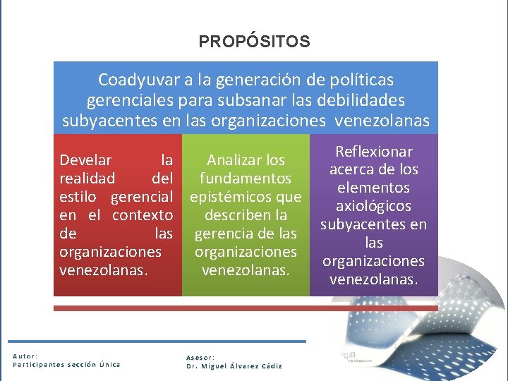 PROPÓSITOS Coadyuvar a la generación de políticas gerenciales para subsanar las debilidades subyacentes en