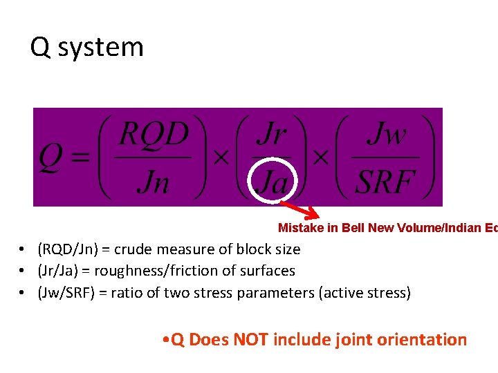 Q system Mistake in Bell New Volume/Indian Ed • (RQD/Jn) = crude measure of