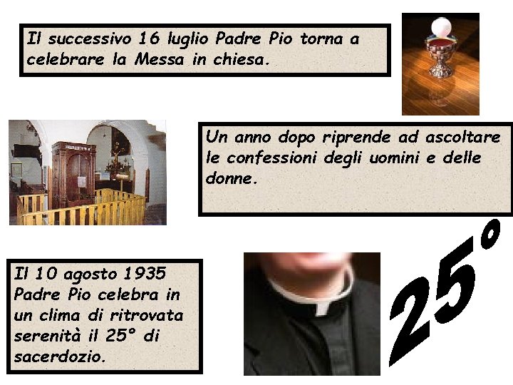 Il successivo 16 luglio Padre Pio torna a celebrare la Messa in chiesa. Un