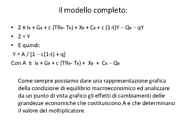 Il modello completo: • Z ≡ I 0 + G 0 + c (TR