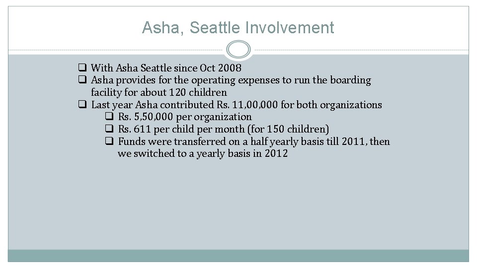 Asha, Seattle Involvement q With Asha Seattle since Oct 2008 q Asha provides for