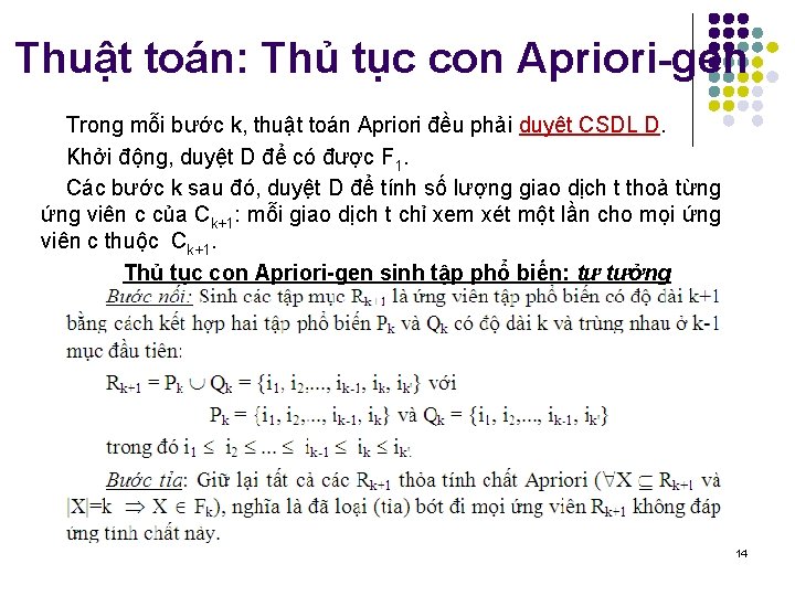 Thuật toán: Thủ tục con Apriori-gen Trong mỗi bước k, thuật toán Apriori đều