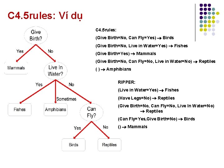 C 4. 5 rules: Ví dụ C 4. 5 rules: (Give Birth=No, Can Fly=Yes)