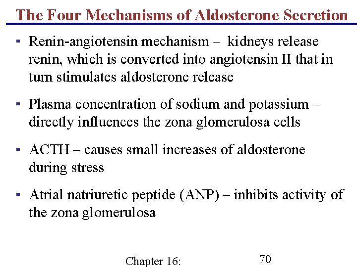 The Four Mechanisms of Aldosterone Secretion ▪ Renin-angiotensin mechanism – kidneys release renin, which