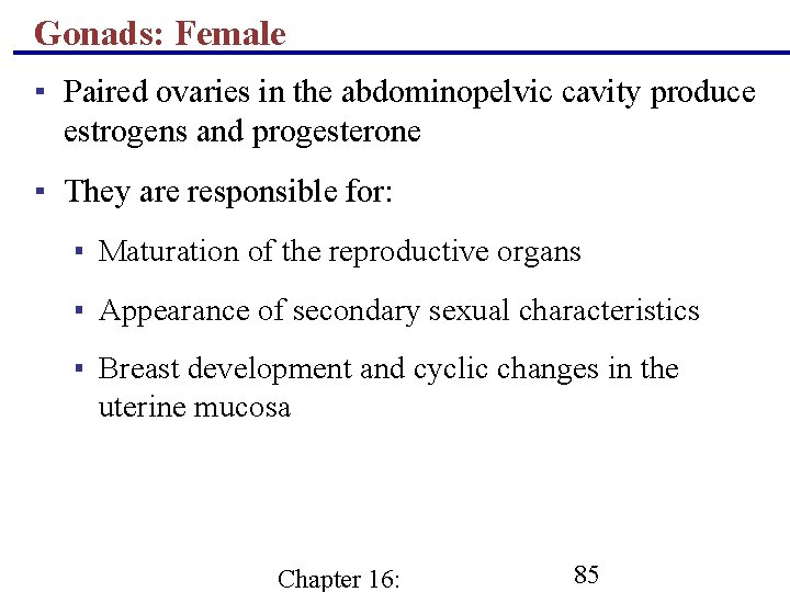 Gonads: Female ▪ Paired ovaries in the abdominopelvic cavity produce estrogens and progesterone ▪