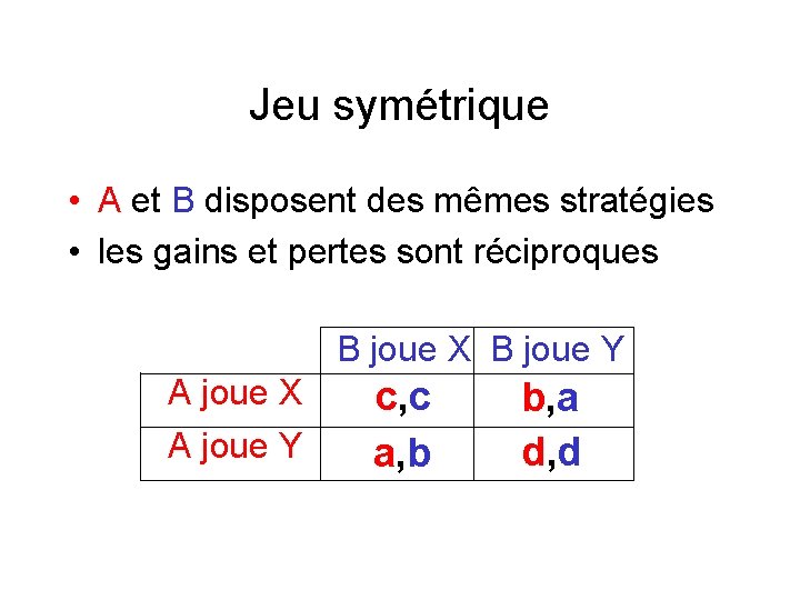 Jeu symétrique • A et B disposent des mêmes stratégies • les gains et