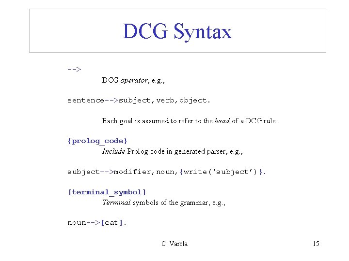 DCG Syntax --> DCG operator, e. g. , sentence-->subject, verb, object. Each goal is DCG Syntax --> DCG operator, e. g. , sentence-->subject, verb, object. Each goal is