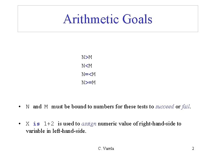 Arithmetic Goals N>M N<M N=<M N>=M • N and M must be bound to Arithmetic Goals N>M N<M N=<M N>=M • N and M must be bound to