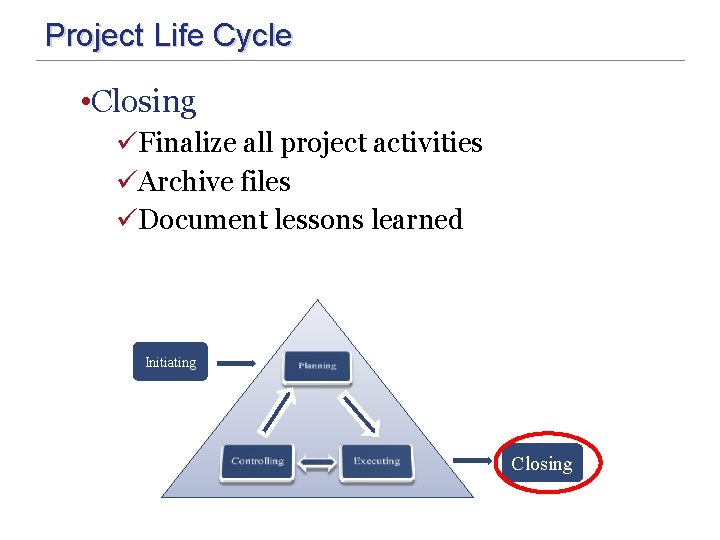 Project Life Cycle • Closing üFinalize all project activities üArchive files üDocument lessons learned