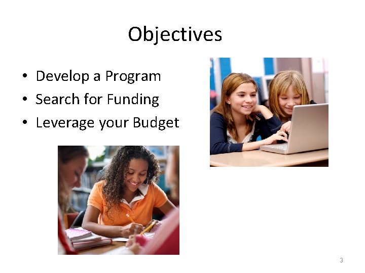 Objectives • Develop a Program • Search for Funding • Leverage your Budget 3