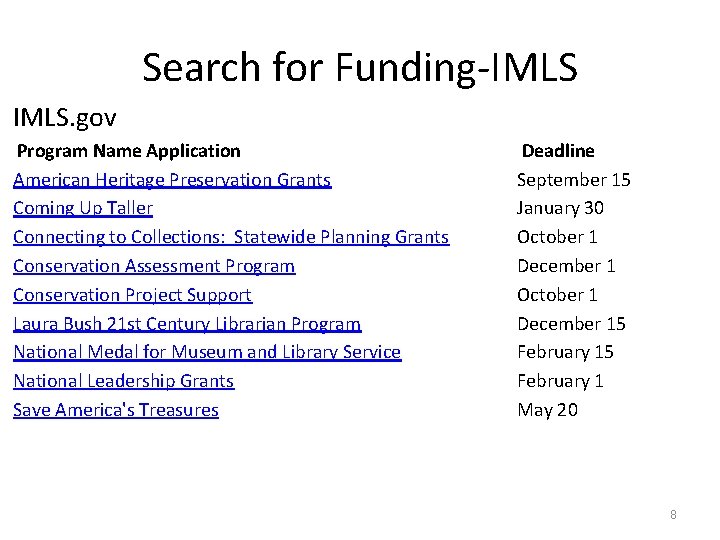 Search for Funding-IMLS. gov Program Name Application American Heritage Preservation Grants Coming Up Taller