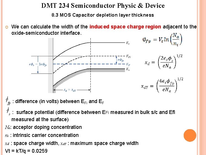 DMT 234 Semiconductor Physic & Device 8. 3 MOS Capacitor depletion layer thickness We DMT 234 Semiconductor Physic & Device 8. 3 MOS Capacitor depletion layer thickness We