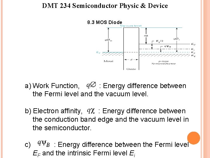 DMT 234 Semiconductor Physic & Device 8. 3 MOS Diode a) Work Function, : DMT 234 Semiconductor Physic & Device 8. 3 MOS Diode a) Work Function, :