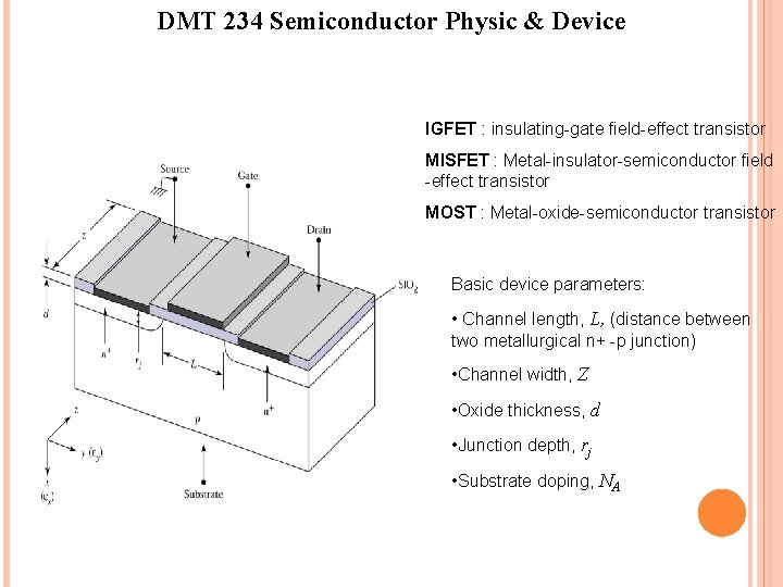 DMT 234 Semiconductor Physic & Device IGFET : insulating-gate field-effect transistor MISFET : Metal-insulator-semiconductor DMT 234 Semiconductor Physic & Device IGFET : insulating-gate field-effect transistor MISFET : Metal-insulator-semiconductor