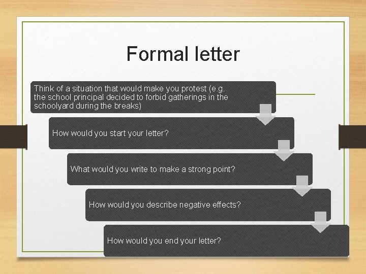 Formal letter Think of a situation that would make you protest (e. g. the