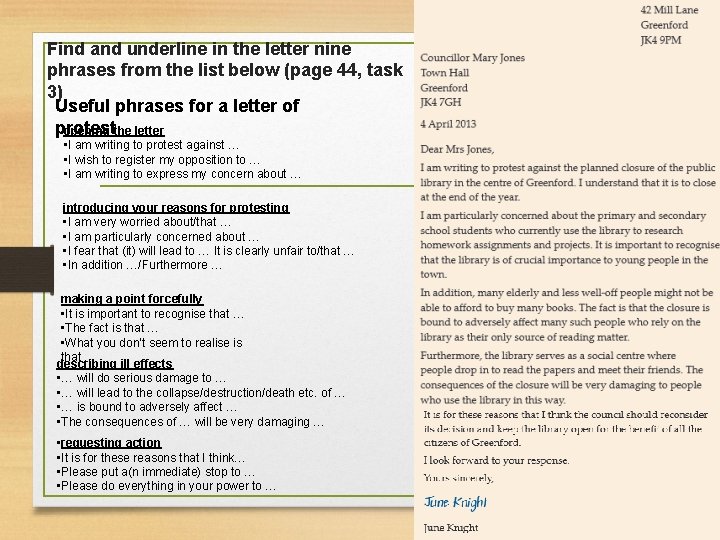 Find and underline in the letter nine phrases from the list below (page 44,