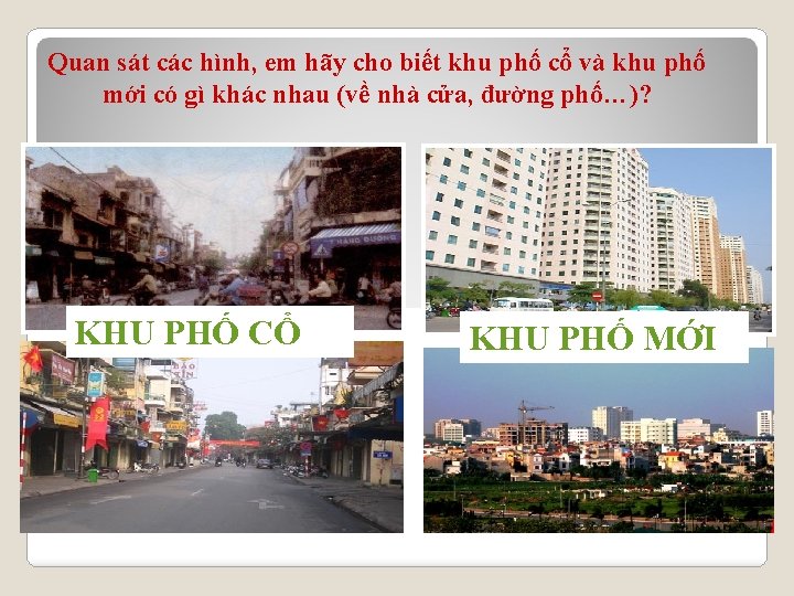 Quan sát các hình, em hãy cho biết khu phố cổ và khu phố Quan sát các hình, em hãy cho biết khu phố cổ và khu phố