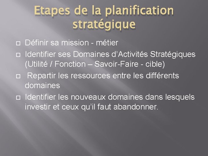 Etapes de la planification stratégique Définir sa mission - métier Identifier ses Domaines d’Activités